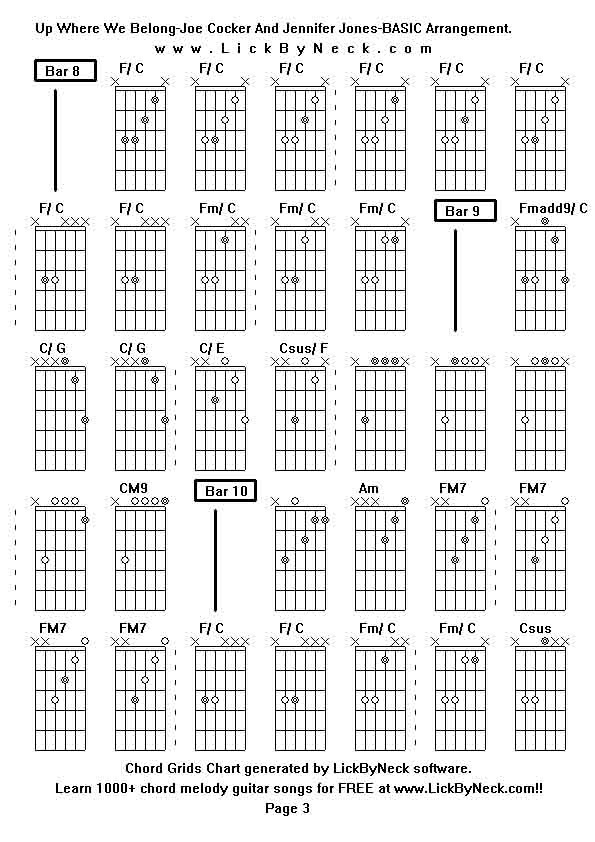 Chord Grids Chart of chord melody fingerstyle guitar song-Up Where We Belong-Joe Cocker And Jennifer Jones-BASIC Arrangement,generated by LickByNeck software.